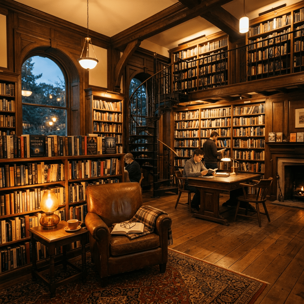 Cozy library interior with wooden bookshelves, reading table, and leather armchair